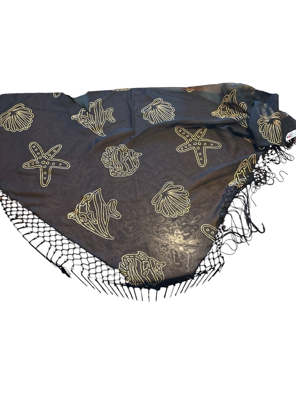 Rima Black Gold Sea Life Fringe Shawl Wrap Beach Cover Up Resortwear